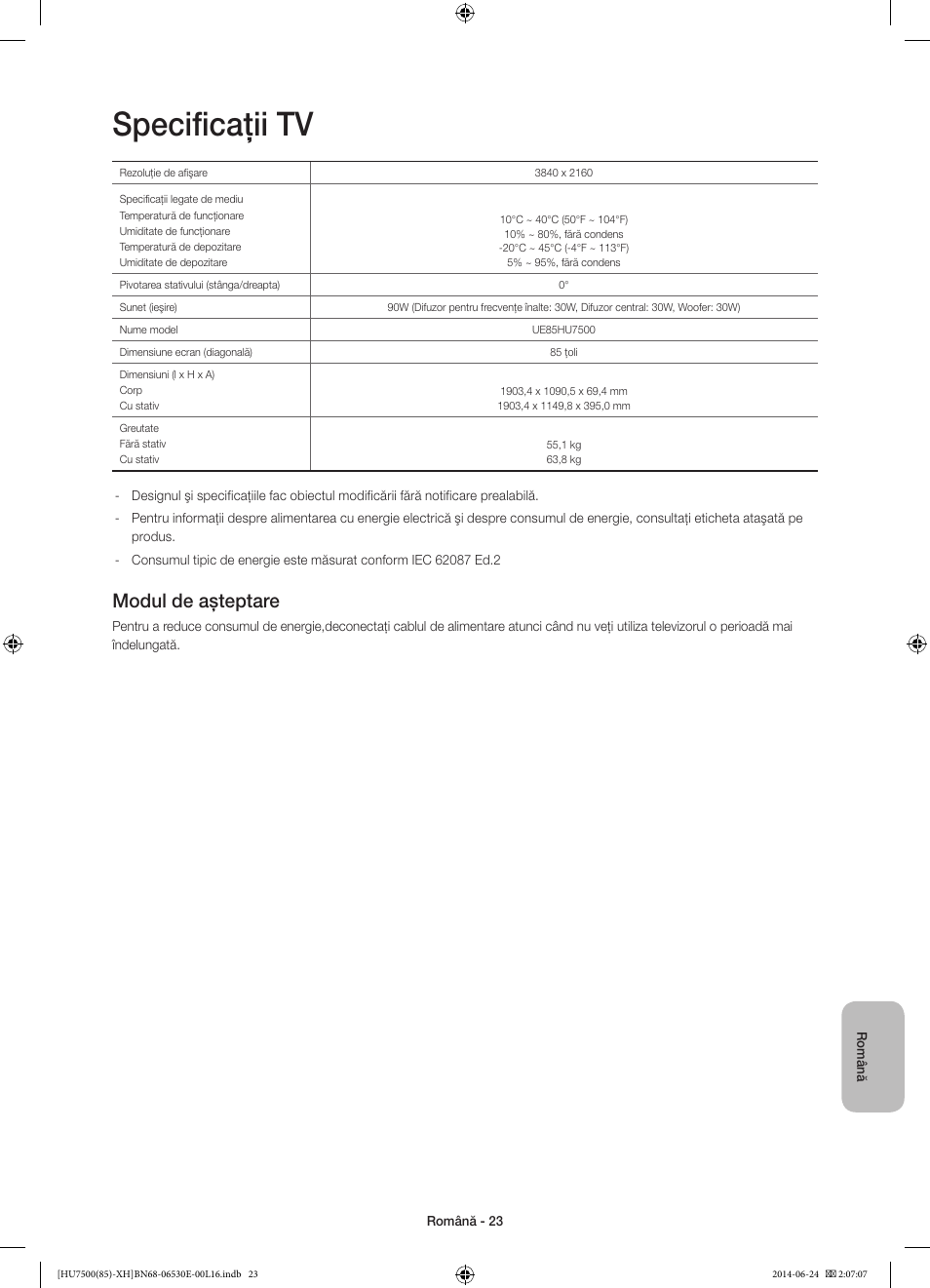 Specificaţii tv, Modul de aşteptare | Samsung UE85HU7500L User Manual | Page 215 / 385