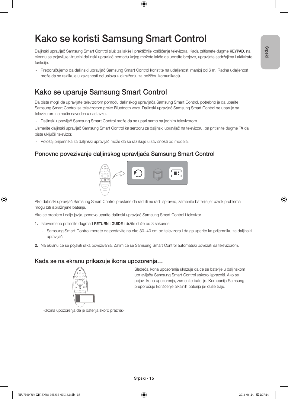Kako se koristi samsung smart control, Kako se uparuje samsung smart control, Kada se na ekranu prikazuje ikona upozorenja | Samsung UE85HU7500L User Manual | Page 231 / 385