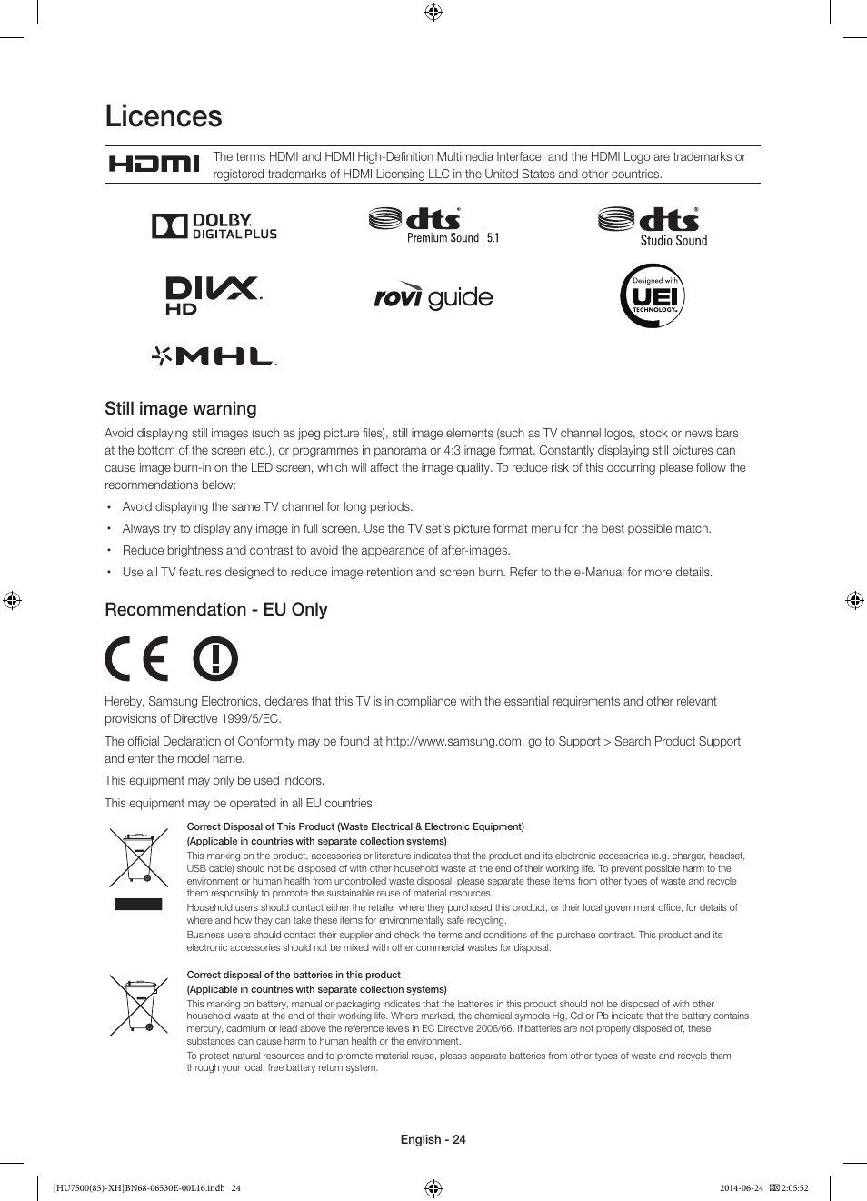 Licences, Still image warning, Recommendation - eu only | Samsung UE85HU7500L User Manual | Page 24 / 385