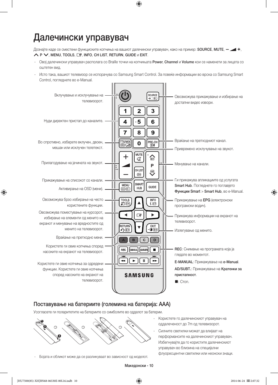 Далечински управувач | Samsung UE85HU7500L User Manual | Page 274 / 385