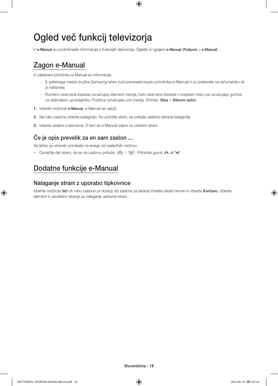 Ogled več funkcij televizorja, Zagon e-manual, Dodatne funkcije e-manual | Če je opis prevelik za en sam zaslon, Nalaganje strani z uporabo tipkovnice | Samsung UE85HU7500L User Manual | Page 306 / 385