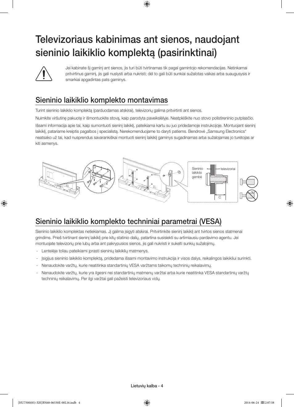 Sieninio laikiklio komplekto montavimas | Samsung UE85HU7500L User Manual | Page 340 / 385
