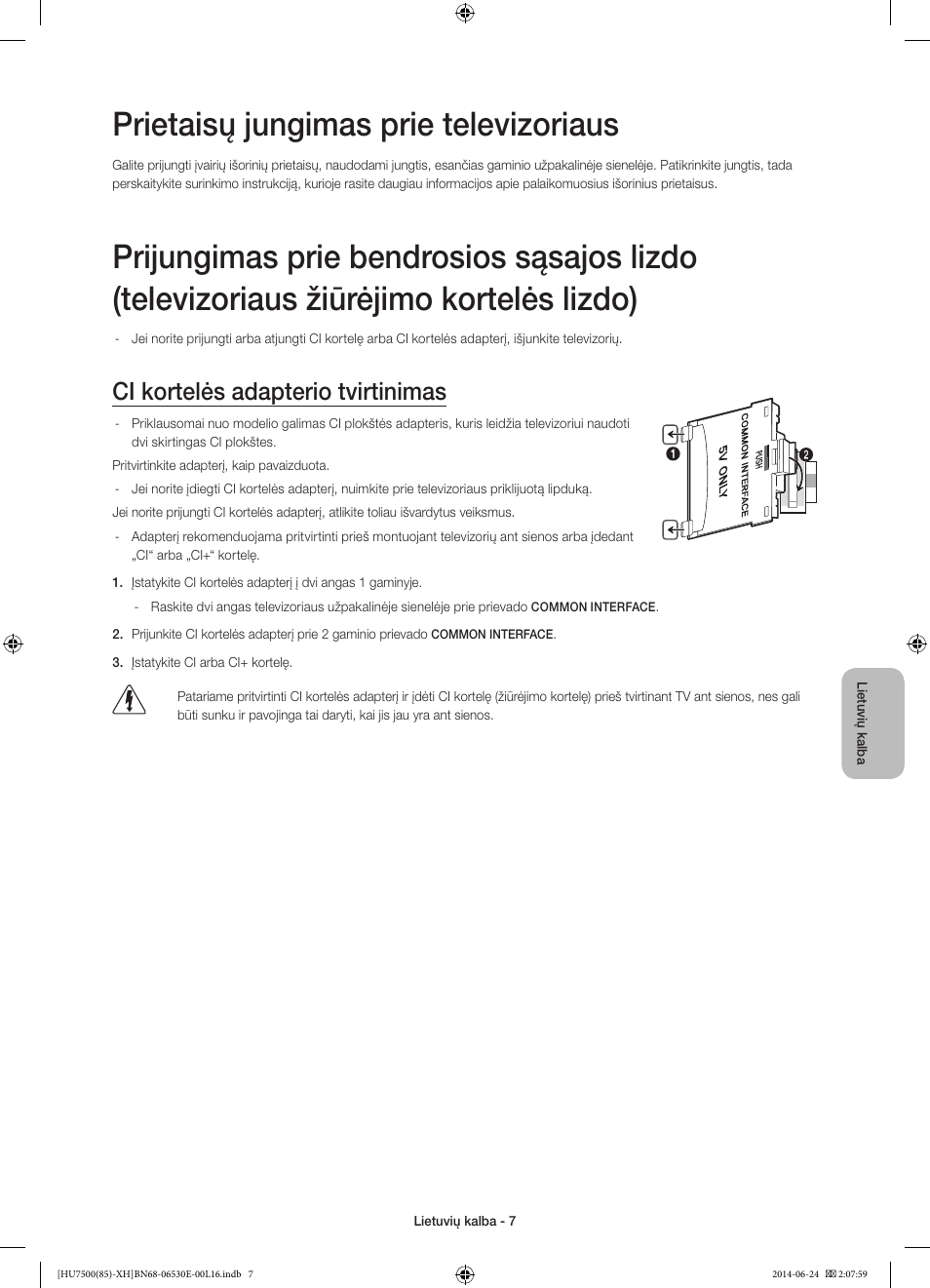Prietaisų jungimas prie televizoriaus, Ci kortelės adapterio tvirtinimas | Samsung UE85HU7500L User Manual | Page 343 / 385