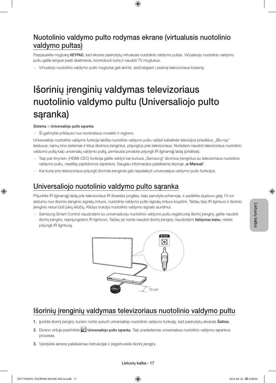 Universaliojo nuotolinio valdymo pulto sąranka | Samsung UE85HU7500L User Manual | Page 353 / 385