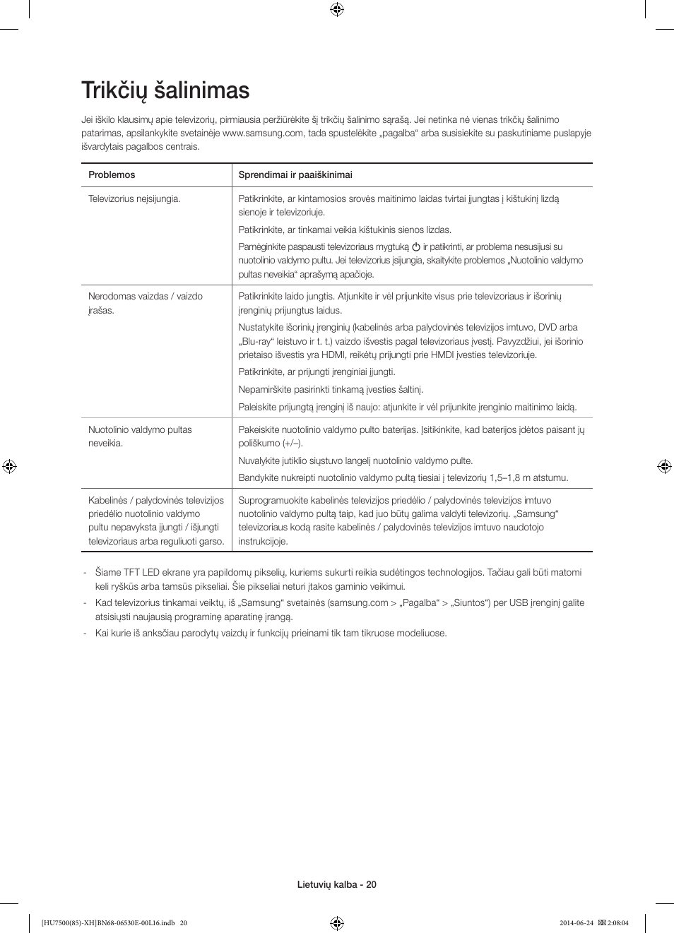 Trikčių šalinimas | Samsung UE85HU7500L User Manual | Page 356 / 385