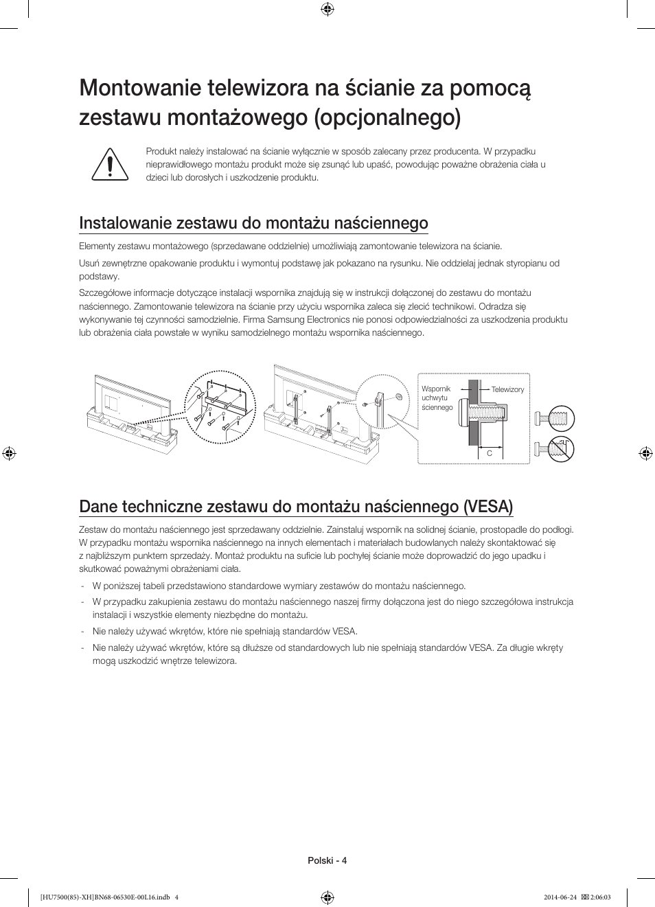 Instalowanie zestawu do montażu naściennego | Samsung UE85HU7500L User Manual | Page 52 / 385