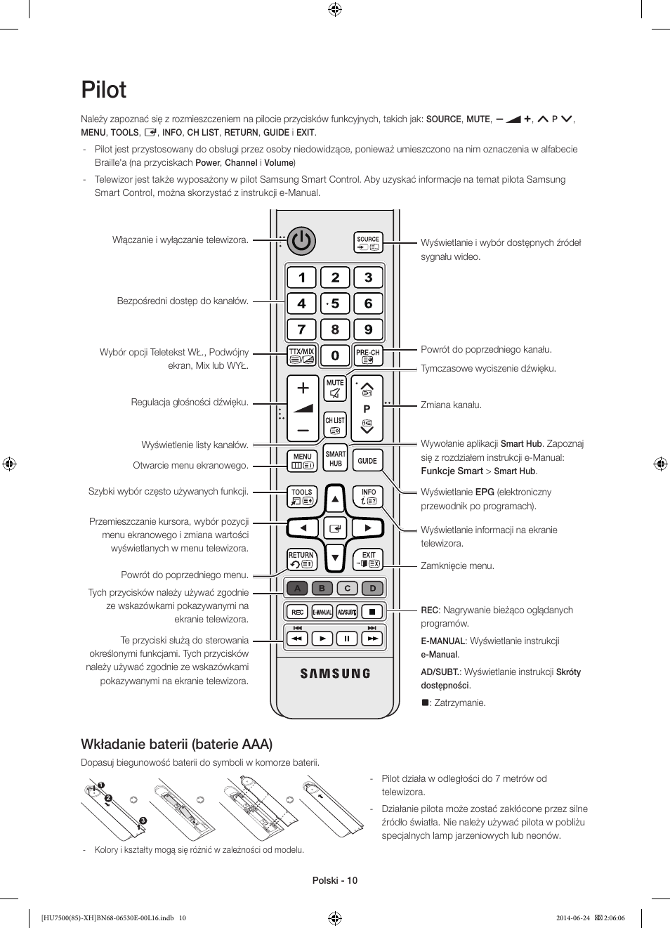 Pilot, Wkładanie baterii (baterie aaa) | Samsung UE85HU7500L User Manual | Page 58 / 385