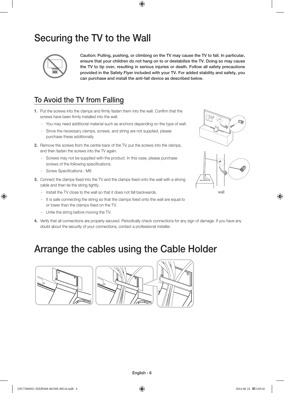 Securing the tv to the wall, Arrange the cables using the cable holder | Samsung UE85HU7500L User Manual | Page 6 / 385