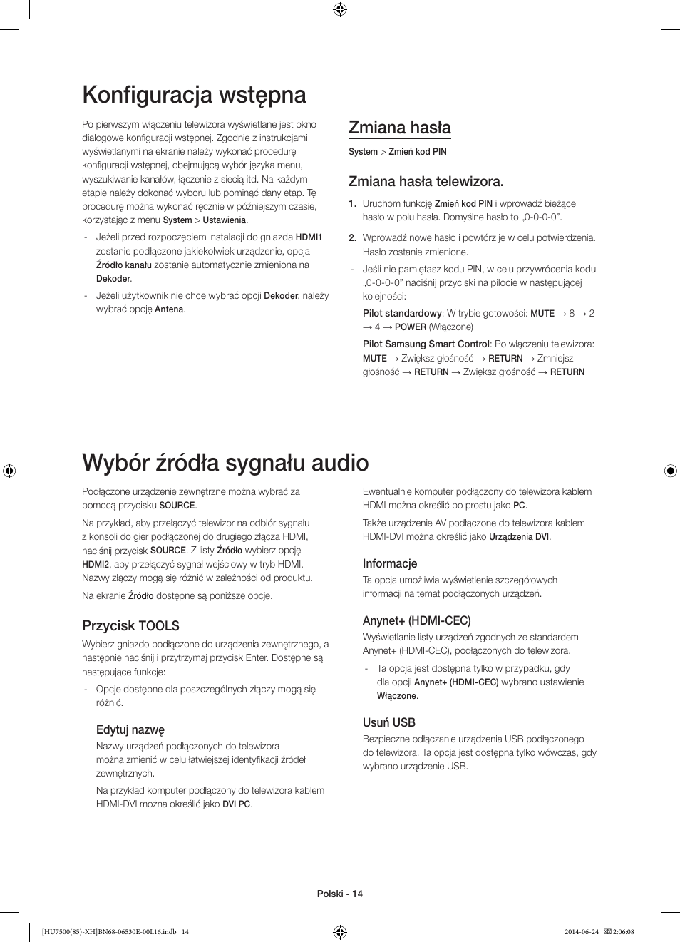 Konfiguracja wstępna, Wybór źródła sygnału audio, Zmiana hasła | Zmiana hasła telewizora, Przycisk, Tools | Samsung UE85HU7500L User Manual | Page 62 / 385