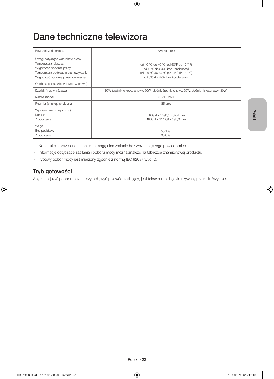 Dane techniczne telewizora, Tryb gotowości | Samsung UE85HU7500L User Manual | Page 71 / 385