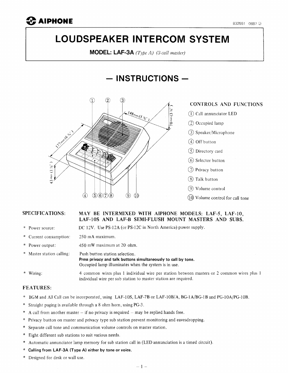 Aiphone LAF-3A User Manual | 6 pages