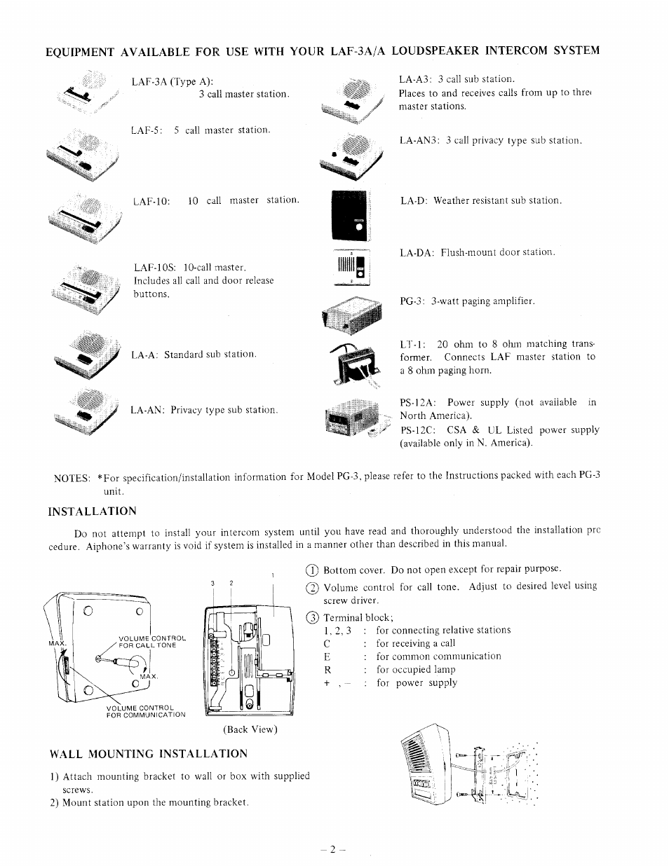 Installation, Wall mounting installation | Aiphone LAF-3A User Manual | Page 2 / 6