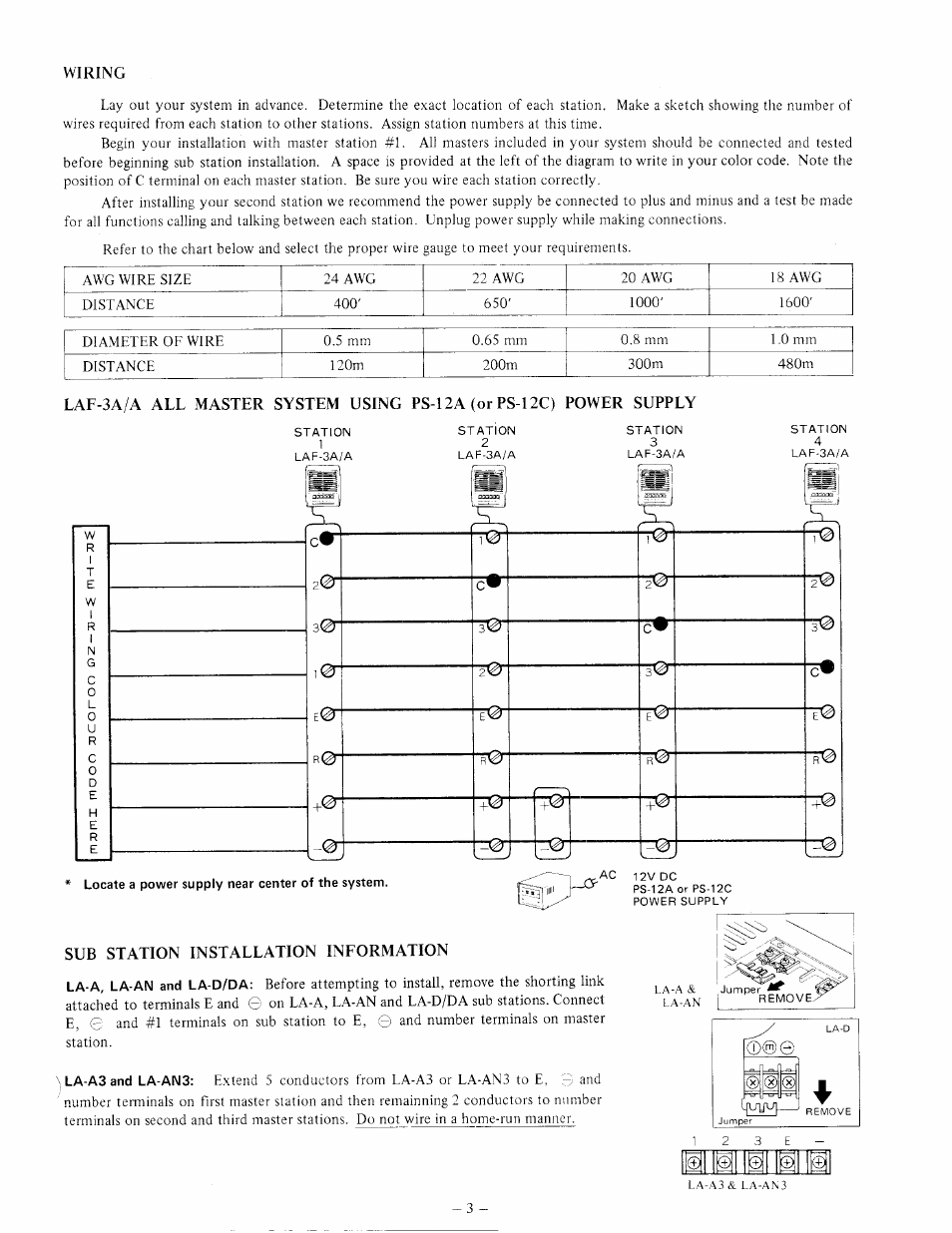 Wiring, Sub station installation information, I01 i 0 | Aiphone LAF-3A User Manual | Page 3 / 6