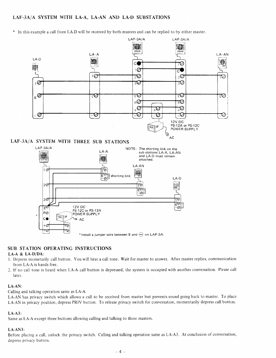 Lal-3a/a system with three sub stations, Sub station operating instructions | Aiphone LAF-3A User Manual | Page 4 / 6