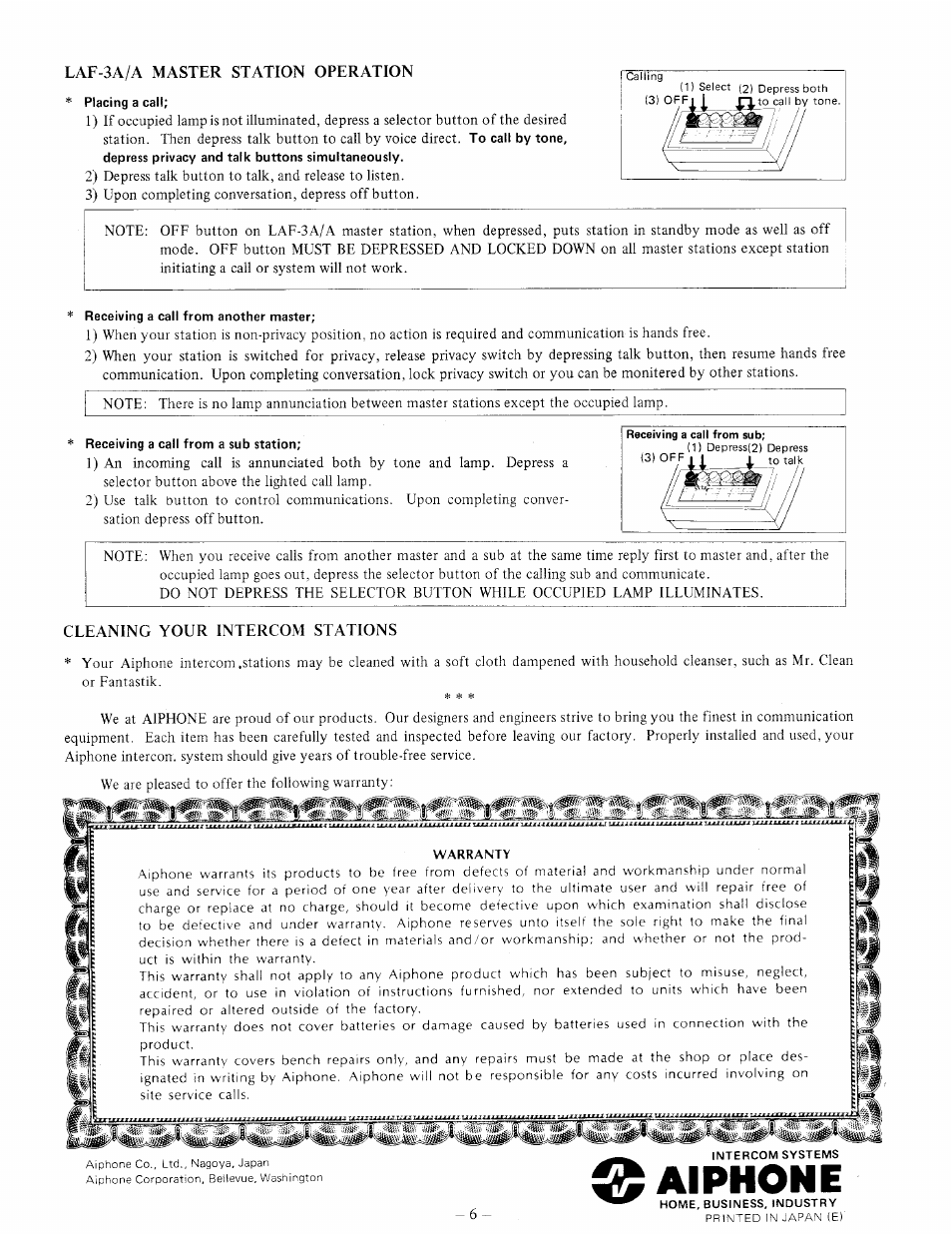 Laf-3a/a master station operation, Cleaning your intercom stations, O aiphone | Aiphone LAF-3A User Manual | Page 6 / 6