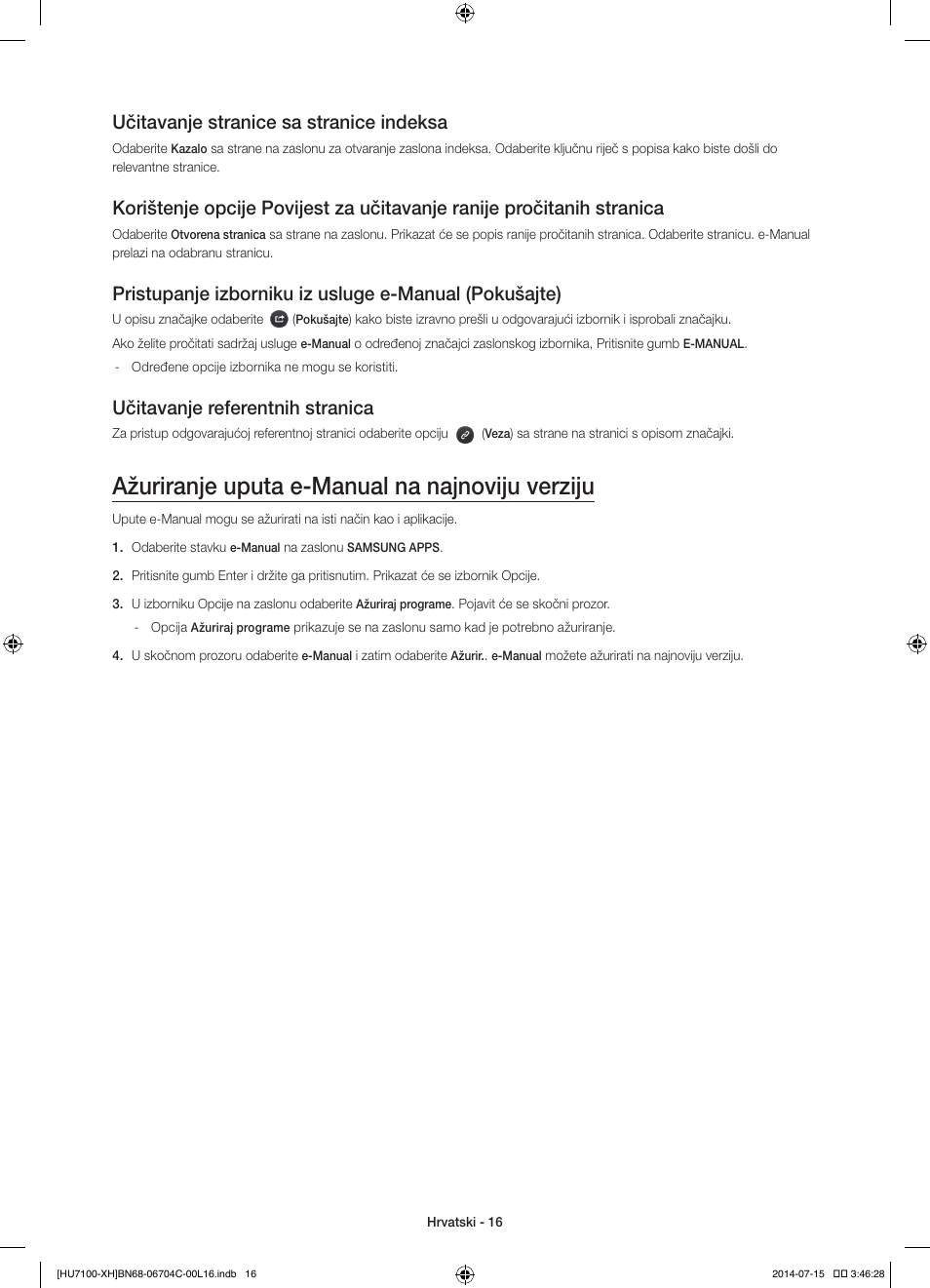 Ažuriranje uputa e-manual na najnoviju verziju, Učitavanje stranice sa stranice indeksa, Učitavanje referentnih stranica | Samsung UE55HU7100S User Manual | Page 116 / 322