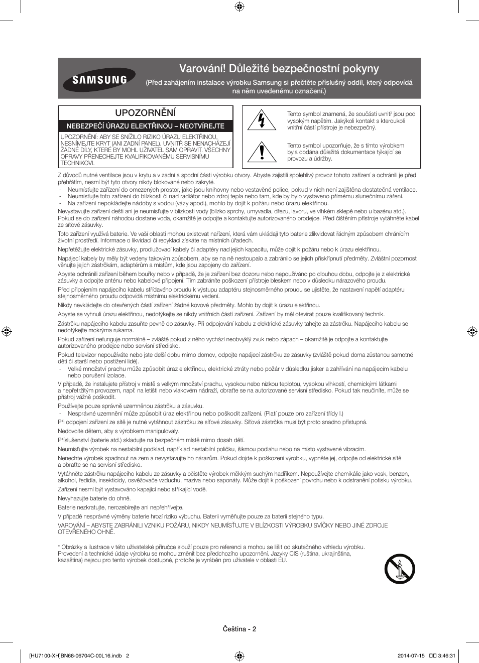 Varování! důležité bezpečnostní pokyny, Upozornění | Samsung UE55HU7100S User Manual | Page 122 / 322