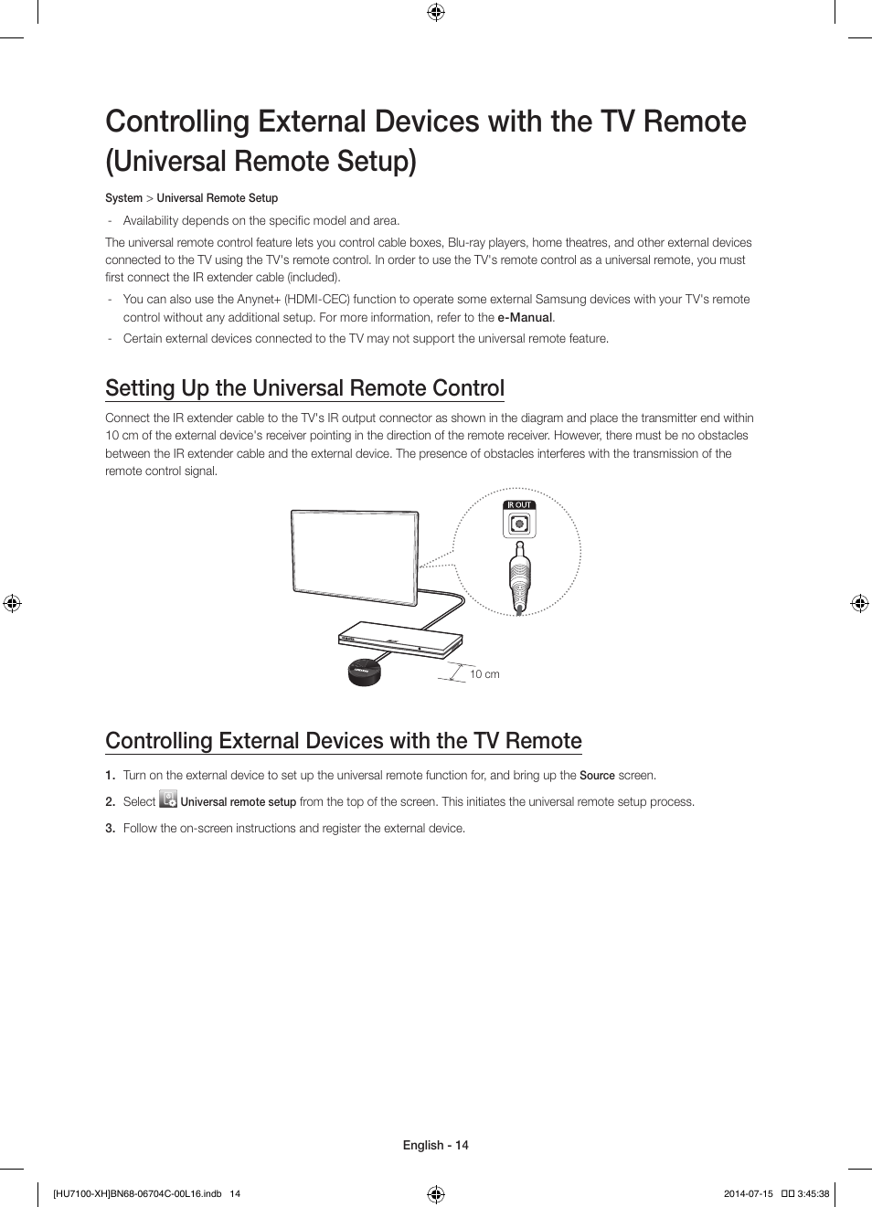 Controlling external devices with the tv remote, Universal remote setup, Setting up the universal remote control | Samsung UE55HU7100S User Manual | Page 14 / 322