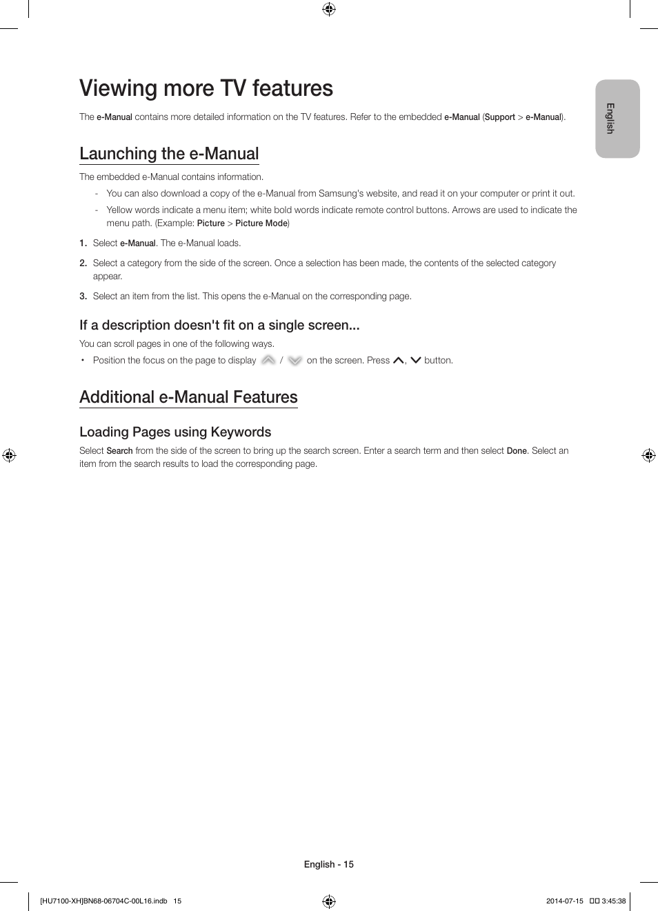 Viewing more tv features, Launching the e-manual, Additional e-manual features | If a description doesn't fit on a single screen, Loading pages using keywords | Samsung UE55HU7100S User Manual | Page 15 / 322