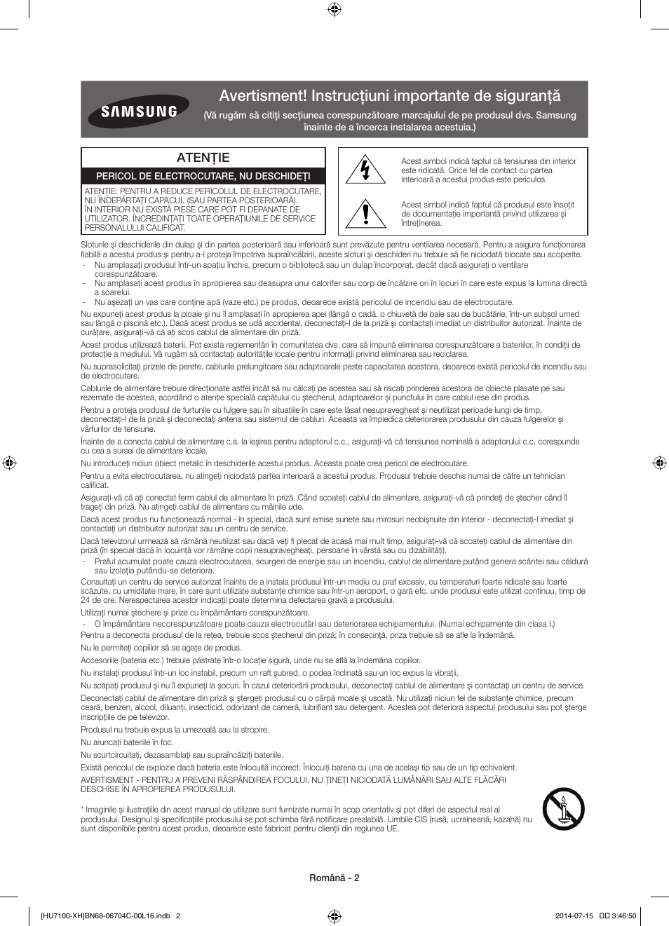 Avertisment! instrucţiuni importante de siguranţă, Atenţie | Samsung UE55HU7100S User Manual | Page 162 / 322