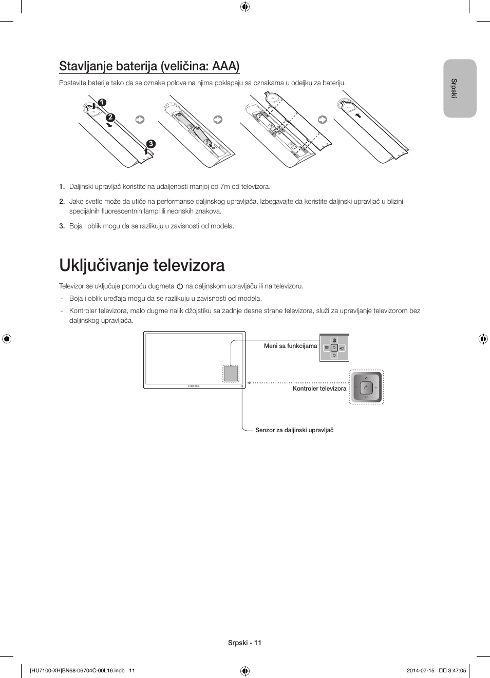 Uključivanje televizora, Stavljanje baterija (veličina: aaa) | Samsung UE55HU7100S User Manual | Page 191 / 322