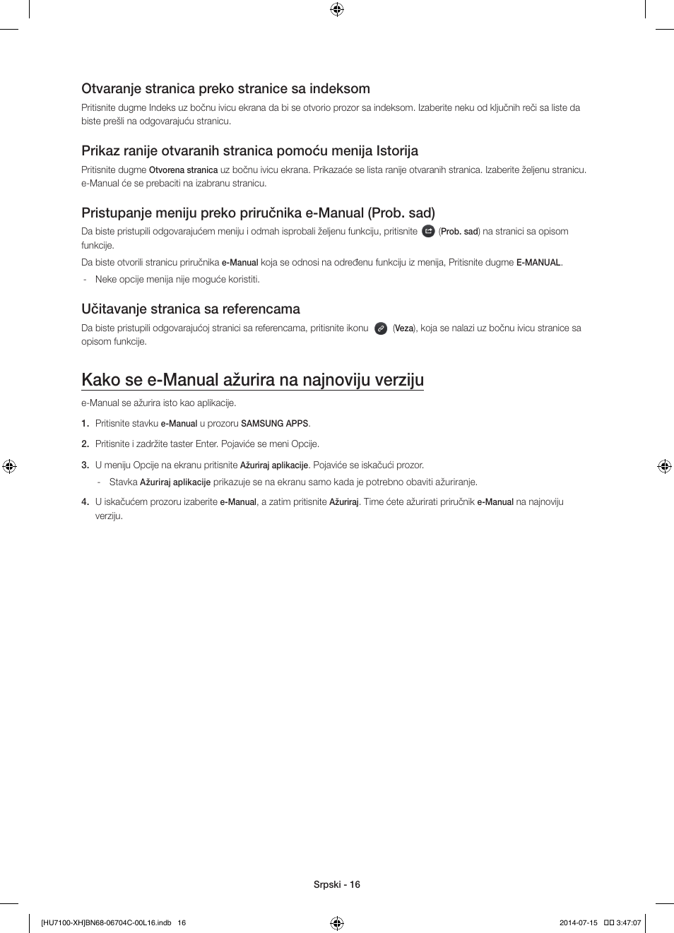 Kako se e-manual ažurira na najnoviju verziju, Otvaranje stranica preko stranice sa indeksom, Učitavanje stranica sa referencama | Samsung UE55HU7100S User Manual | Page 196 / 322