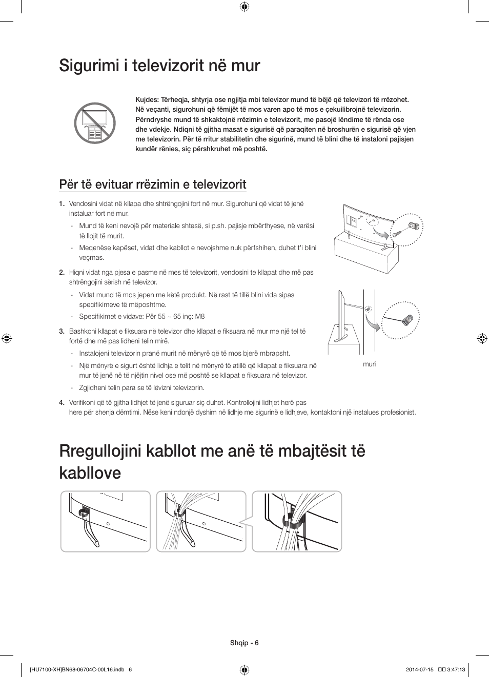 Sigurimi i televizorit në mur, Për të evituar rrëzimin e televizorit | Samsung UE55HU7100S User Manual | Page 206 / 322