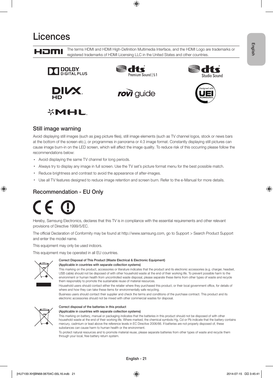 Licences, Still image warning, Recommendation - eu only | Samsung UE55HU7100S User Manual | Page 21 / 322