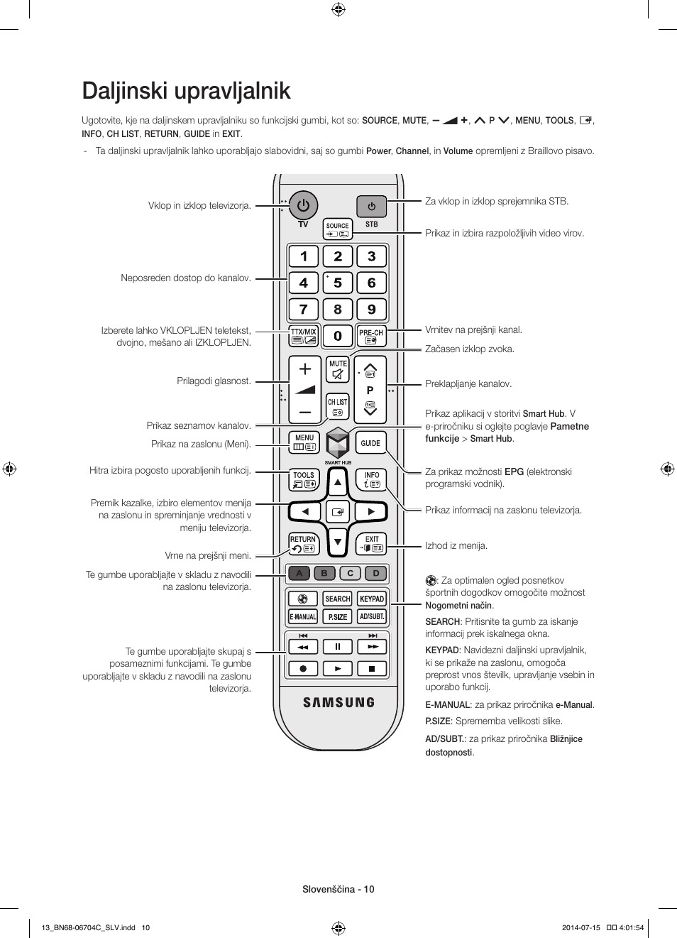 Daljinski upravljalnik | Samsung UE55HU7100S User Manual | Page 250 / 322