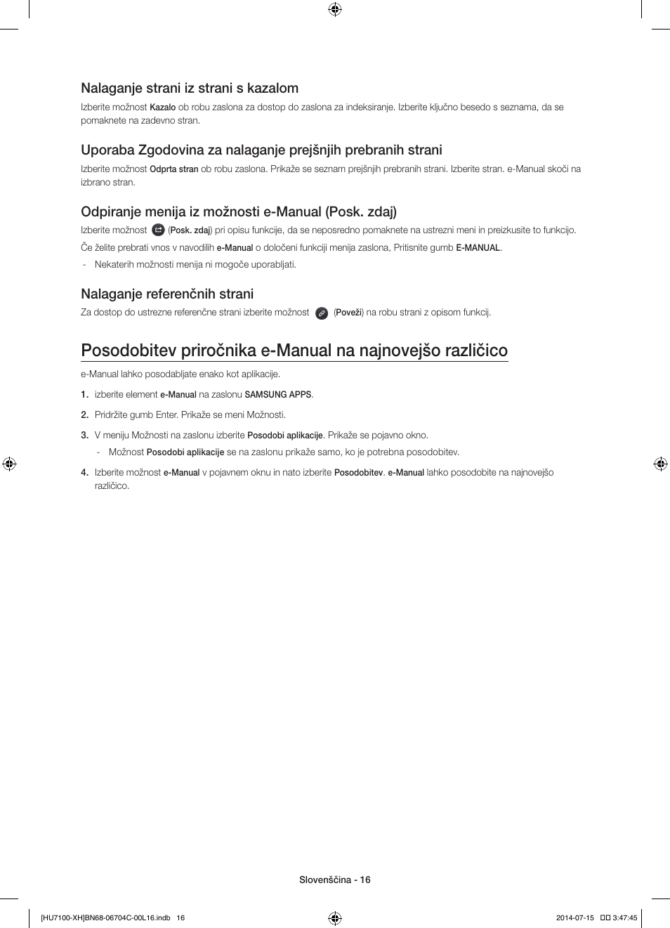 Nalaganje strani iz strani s kazalom, Odpiranje menija iz možnosti e-manual (posk. zdaj), Nalaganje referenčnih strani | Samsung UE55HU7100S User Manual | Page 256 / 322