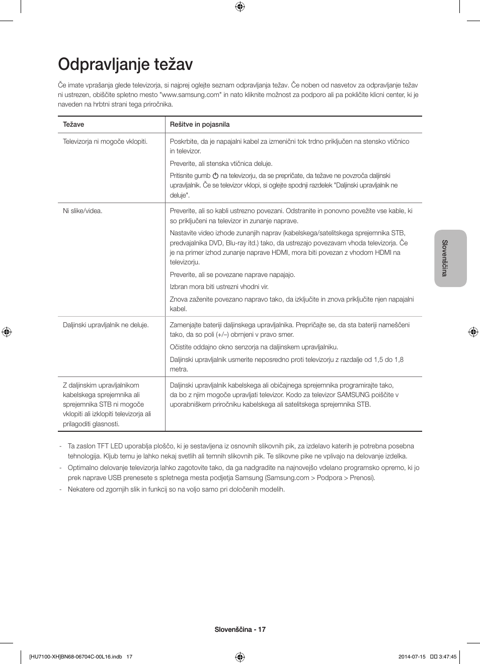 Odpravljanje težav | Samsung UE55HU7100S User Manual | Page 257 / 322
