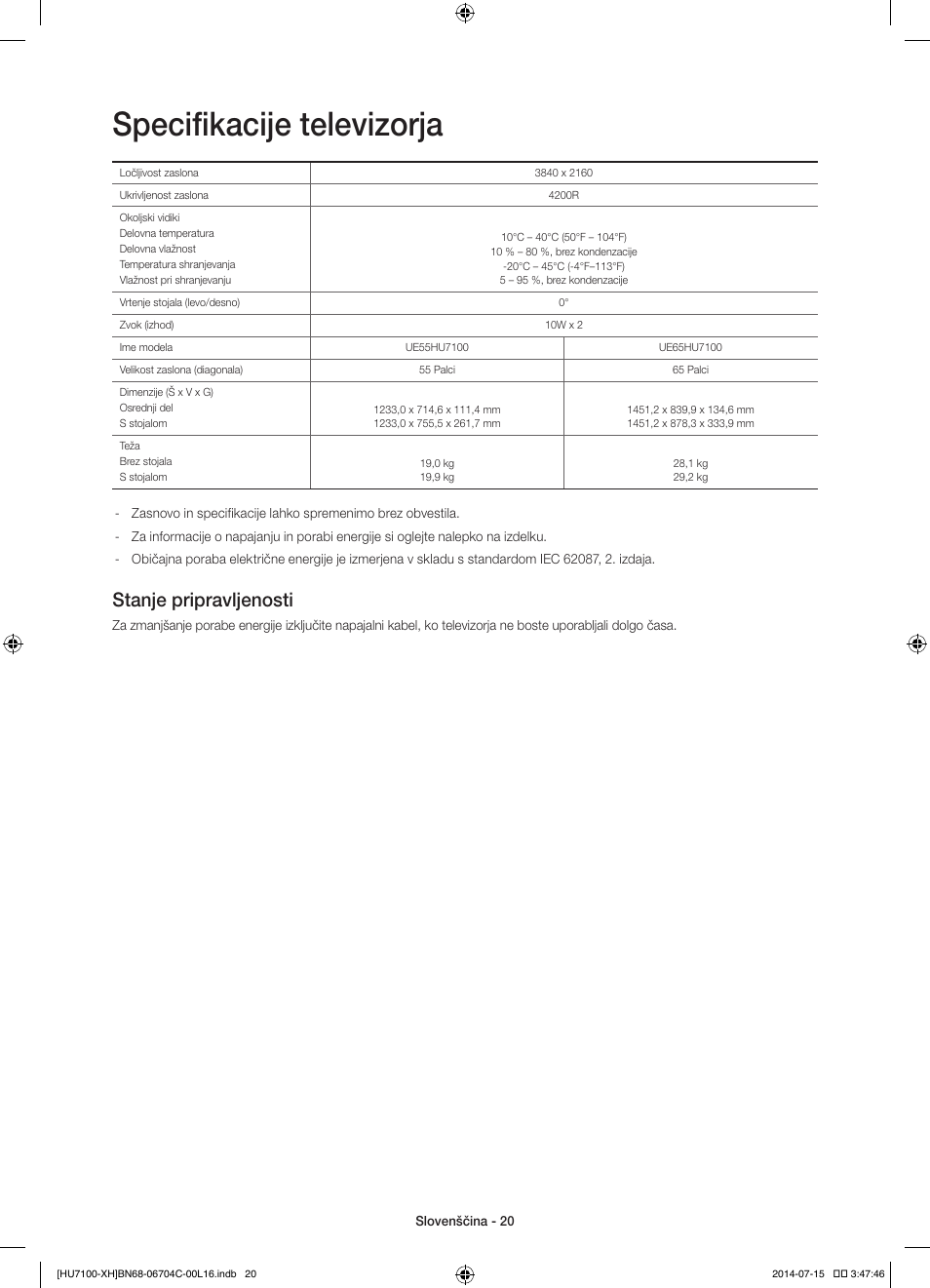 Specifikacije televizorja, Stanje pripravljenosti | Samsung UE55HU7100S User Manual | Page 260 / 322