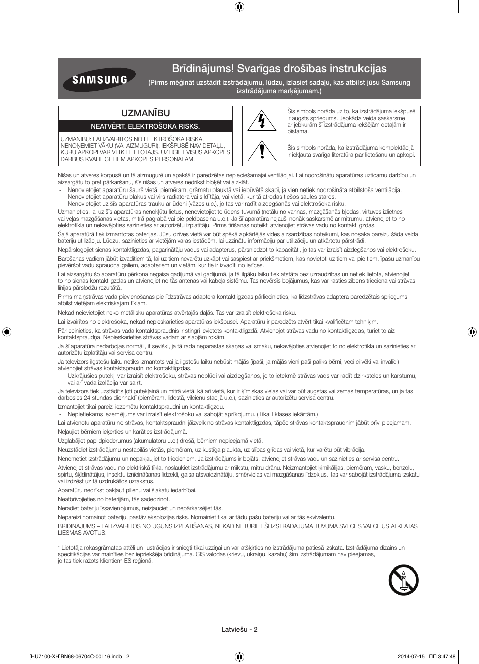 Brīdinājums! svarīgas drošības instrukcijas, Uzmanību | Samsung UE55HU7100S User Manual | Page 262 / 322