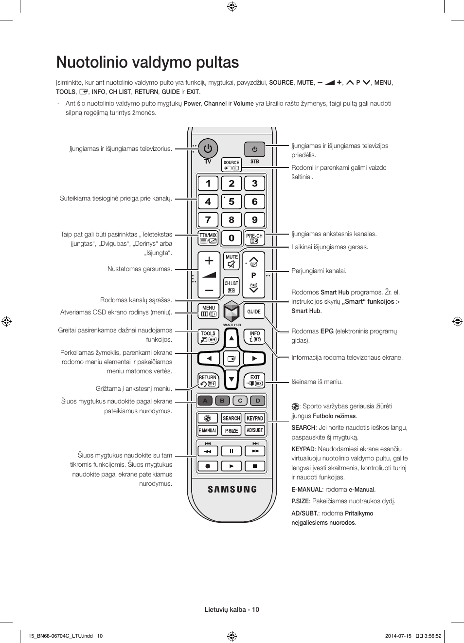 Nuotolinio valdymo pultas | Samsung UE55HU7100S User Manual | Page 290 / 322