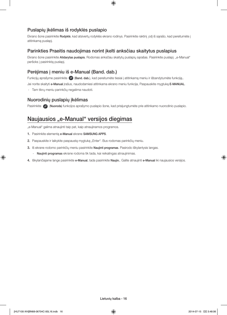 Naujausios „e-manual“ versijos diegimas, Puslapių įkėlimas iš rodyklės puslapio, Perėjimas į meniu iš e-manual (band. dab.) | Nuorodinių puslapių įkėlimas | Samsung UE55HU7100S User Manual | Page 296 / 322