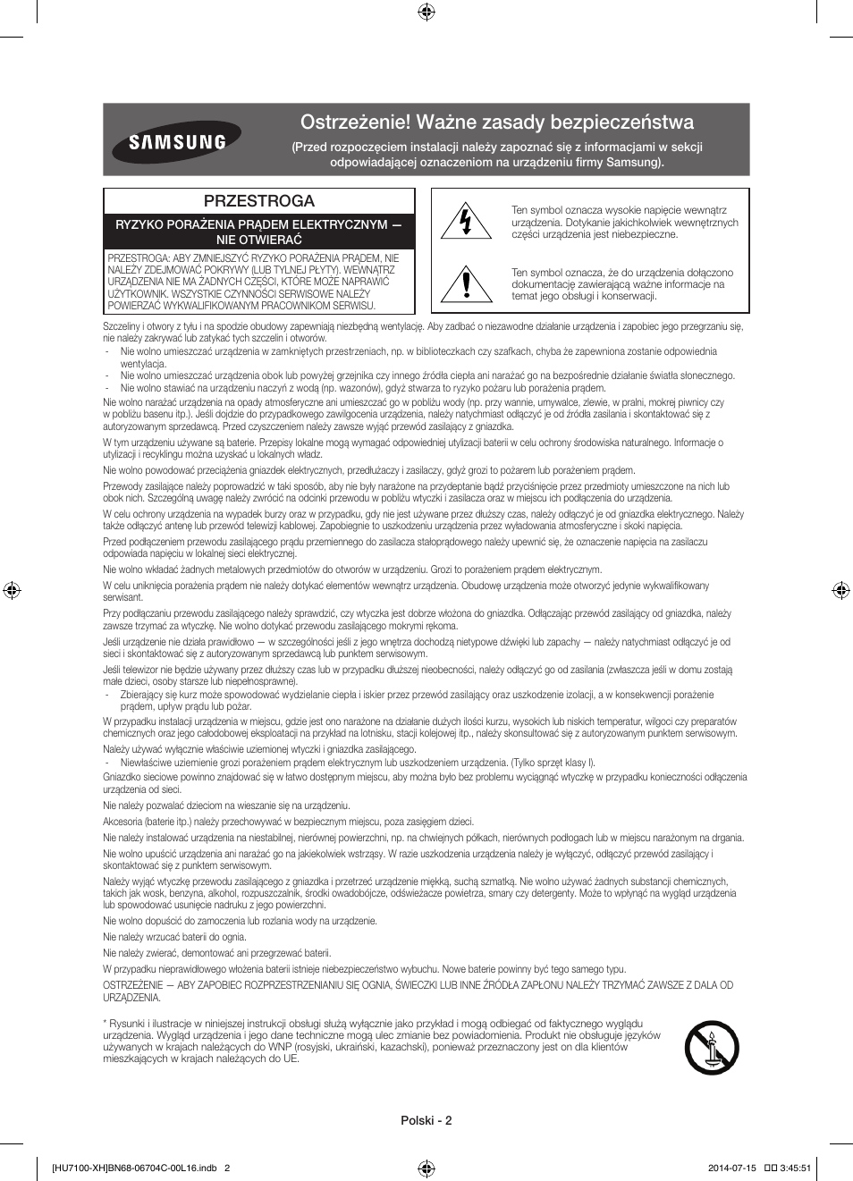 Ostrzeżenie! ważne zasady bezpieczeństwa, Przestroga | Samsung UE55HU7100S User Manual | Page 42 / 322