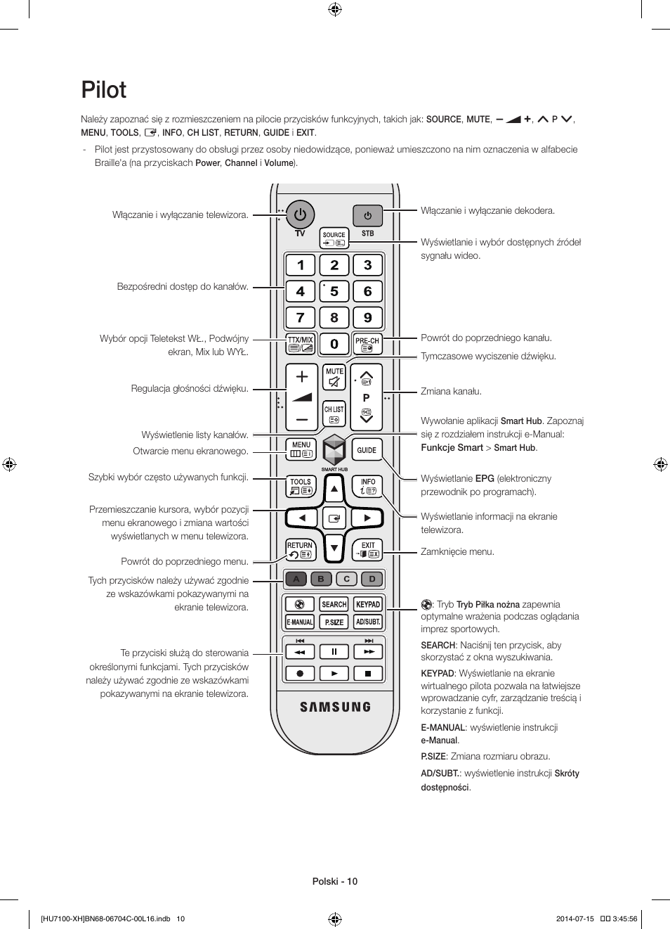 Pilot | Samsung UE55HU7100S User Manual | Page 50 / 322