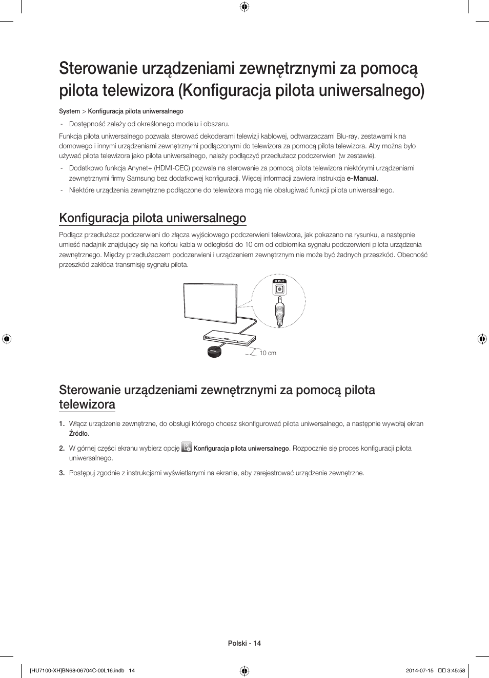 Konfiguracja pilota uniwersalnego | Samsung UE55HU7100S User Manual | Page 54 / 322