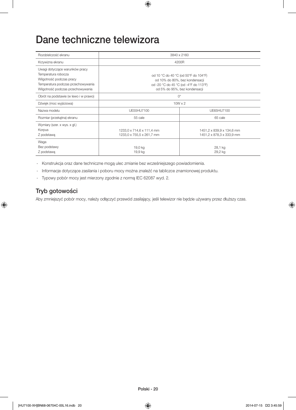 Dane techniczne telewizora, Tryb gotowości | Samsung UE55HU7100S User Manual | Page 60 / 322