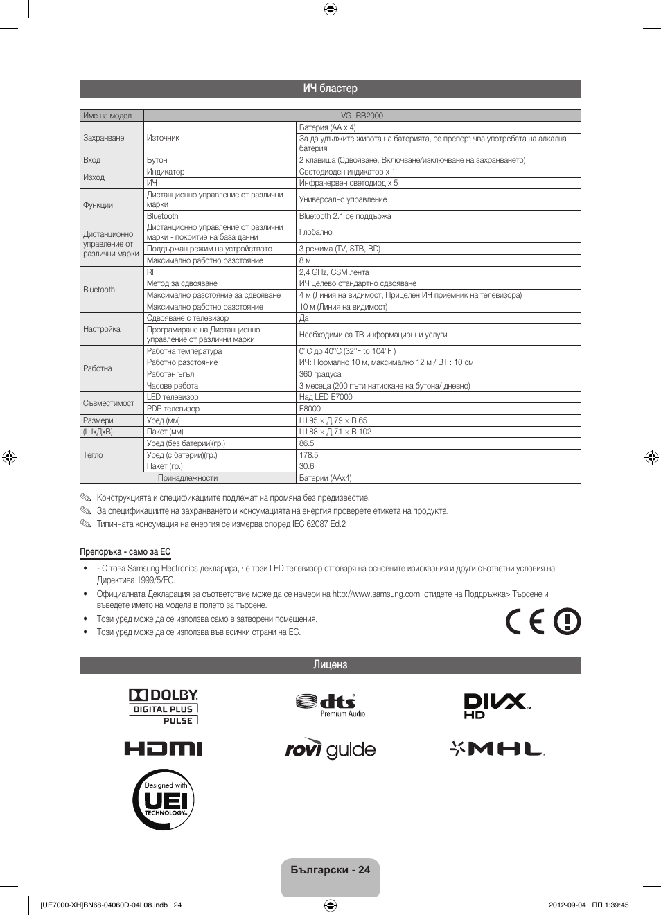 Ич бластер, Лиценз | Samsung UE46ES7000S User Manual | Page 116 / 185