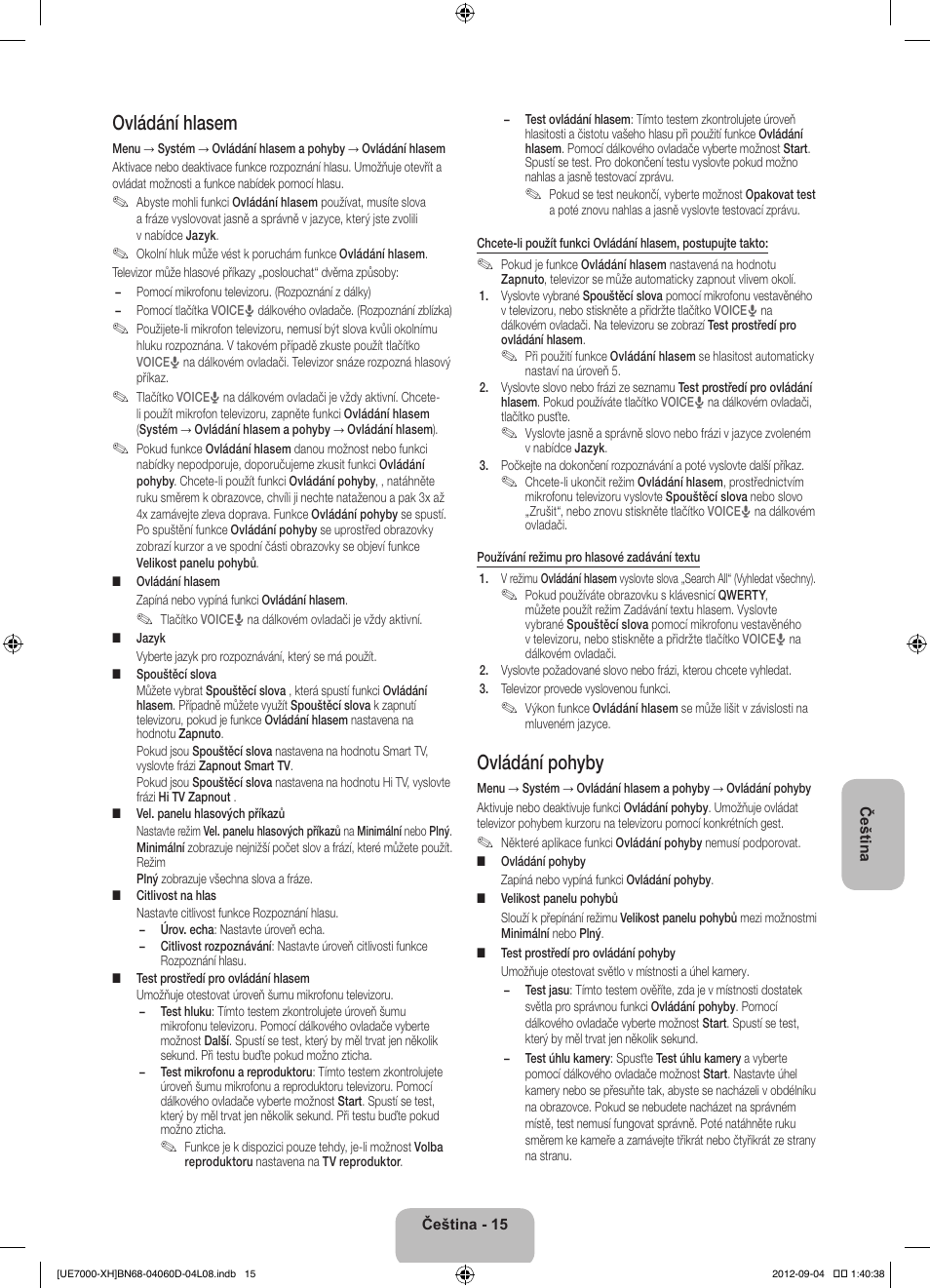 Ovládání hlasem, Ovládání pohyby | Samsung UE46ES7000S User Manual | Page 153 / 185