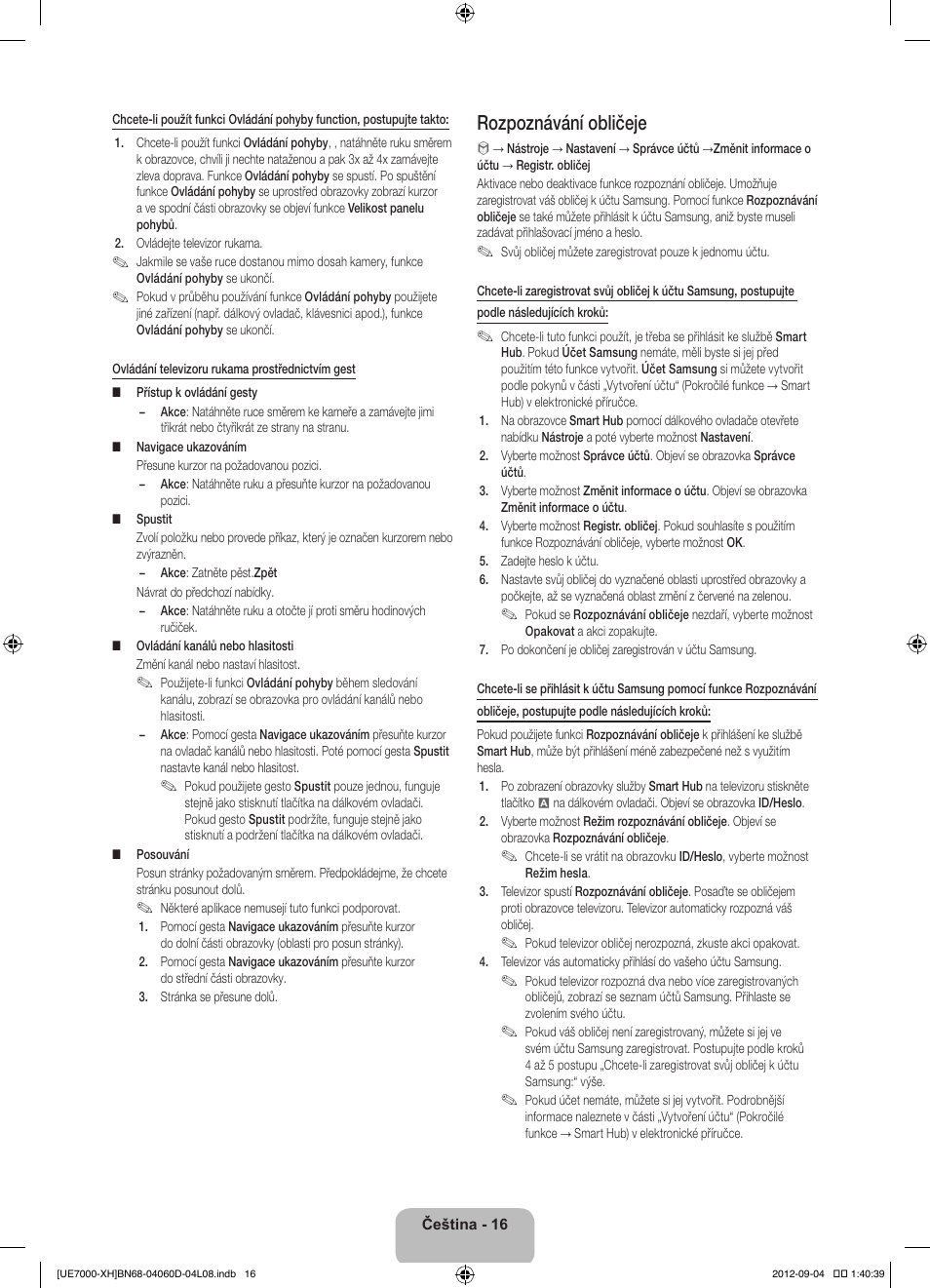 Rozpoznávání obličeje | Samsung UE46ES7000S User Manual | Page 154 / 185