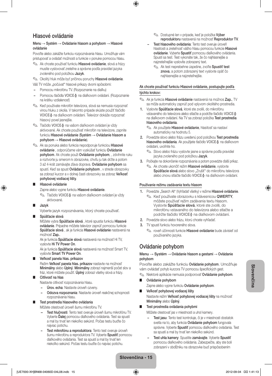 Hlasové ovládanie, Ovládanie pohybom | Samsung UE46ES7000S User Manual | Page 176 / 185