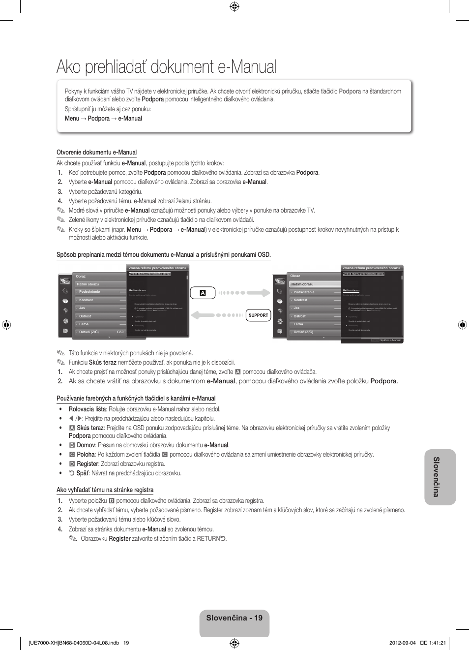 Ako prehliadať dokument e-manual, Slovenčina, Slovenčina - 19 | Táto funkcia v niektorých ponukách nie je povolená | Samsung UE46ES7000S User Manual | Page 180 / 185