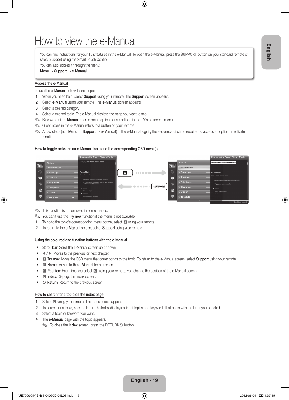 How to view the e-manual, English - 19 english, This function is not enabled in some menus | Samsung UE46ES7000S User Manual | Page 19 / 185