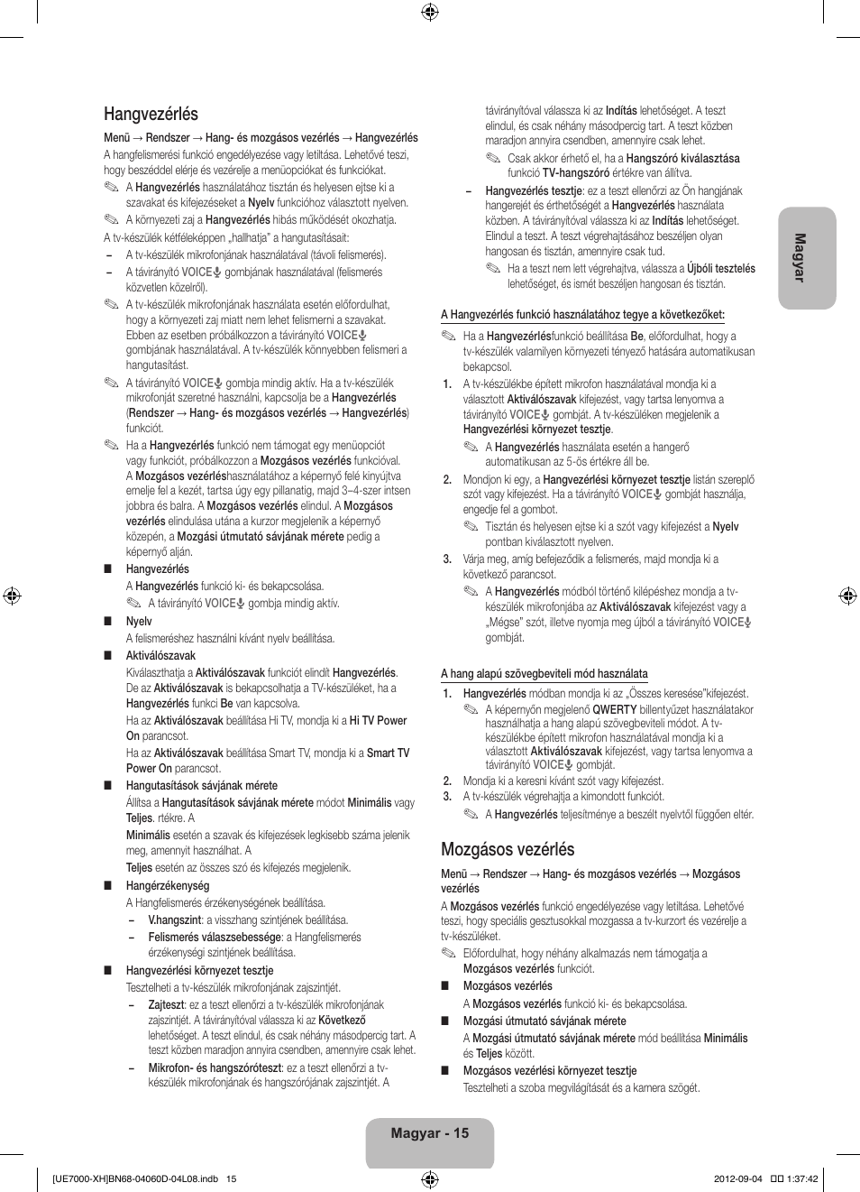 Hangvezérlés, Mozgásos vezérlés | Samsung UE46ES7000S User Manual | Page 38 / 185