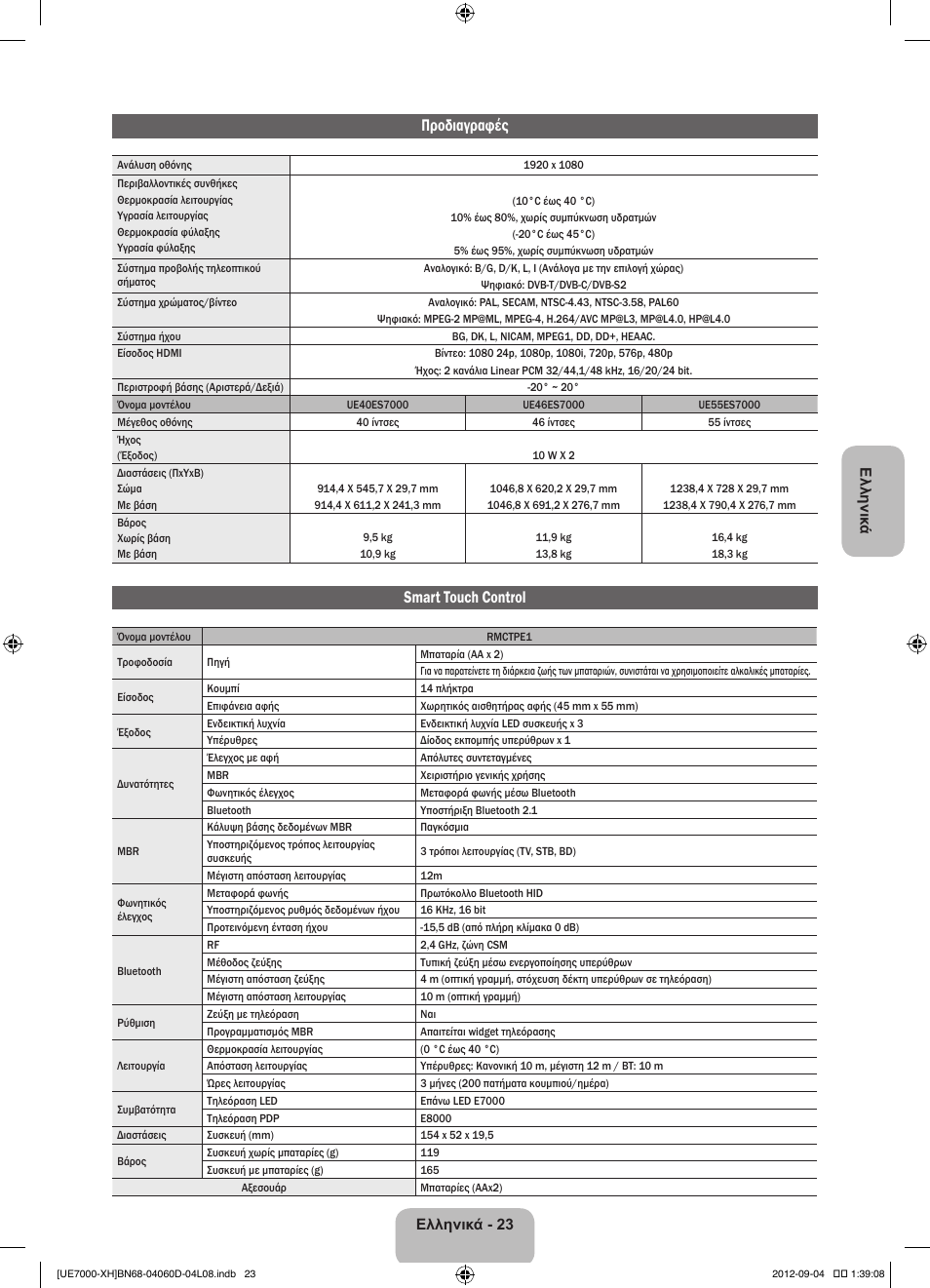 Προδιαγραφές, Smart touch control | Samsung UE46ES7000S User Manual | Page 92 / 185