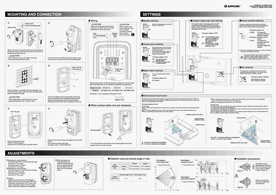 Mounting and connection, Settings, Adjustments | Mounting and connection settings | Aiphone JDW-C User Manual | Page 2 / 2