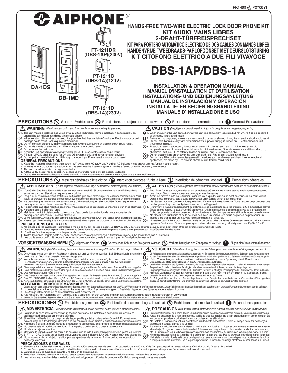 Aiphone DA-1DS User Manual | 8 pages