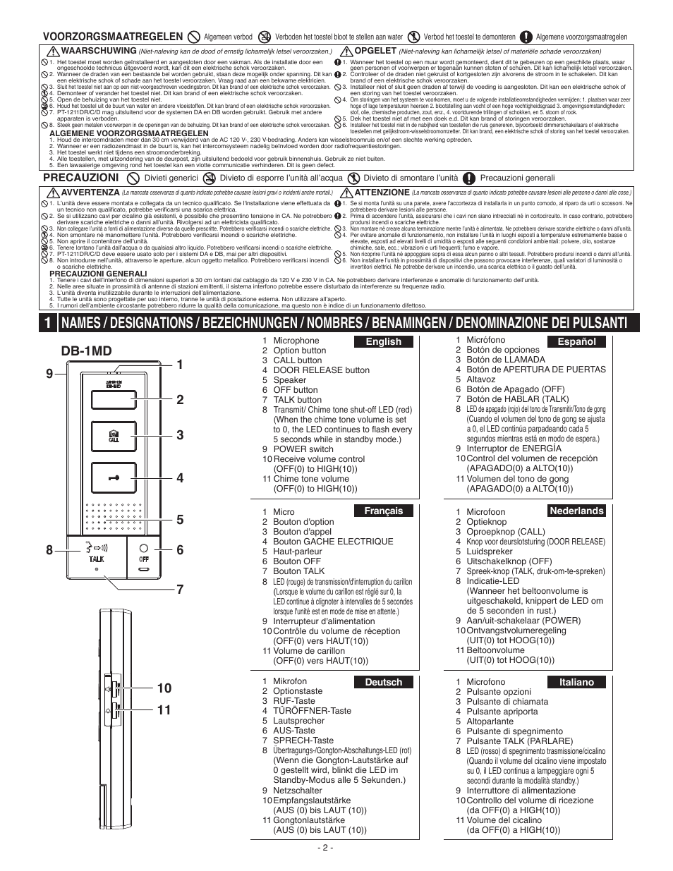 Voorzorgsmaatregelen, Precauzioni | Aiphone DA-1DS User Manual | Page 2 / 8